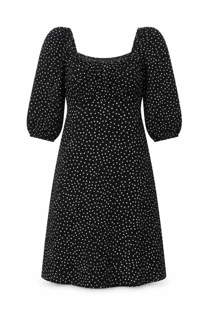 Front view of Stella Morgan women’s black polka dot polyester a-line, size UK 10, square neck pullover