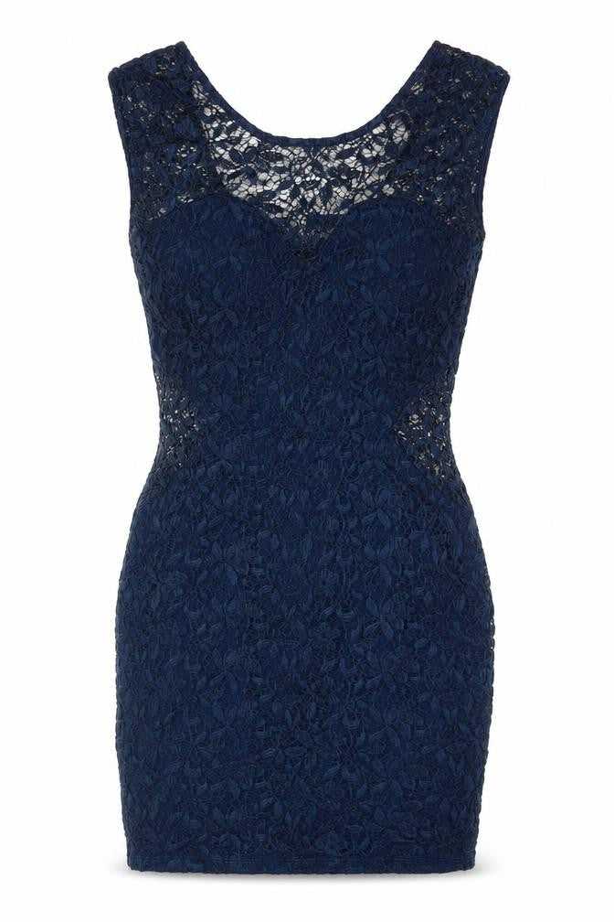 Front view of River Island women’s blue viscose mini, size UK 10, round neck zip