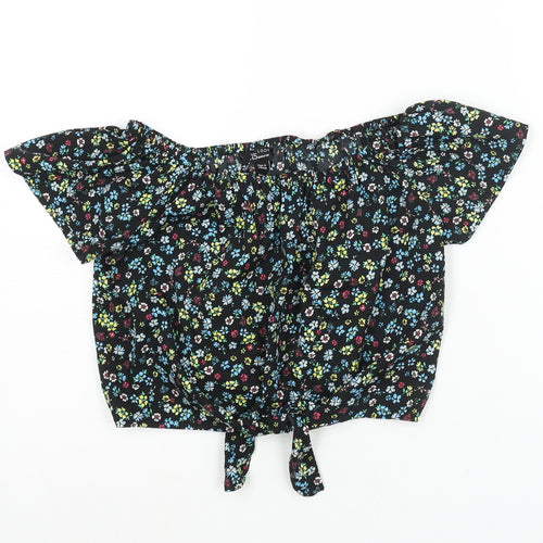 New Look Girls Black Floral Polyester Basic Blouse Size 15 Years Boat Neck Pullover - Tie Detail