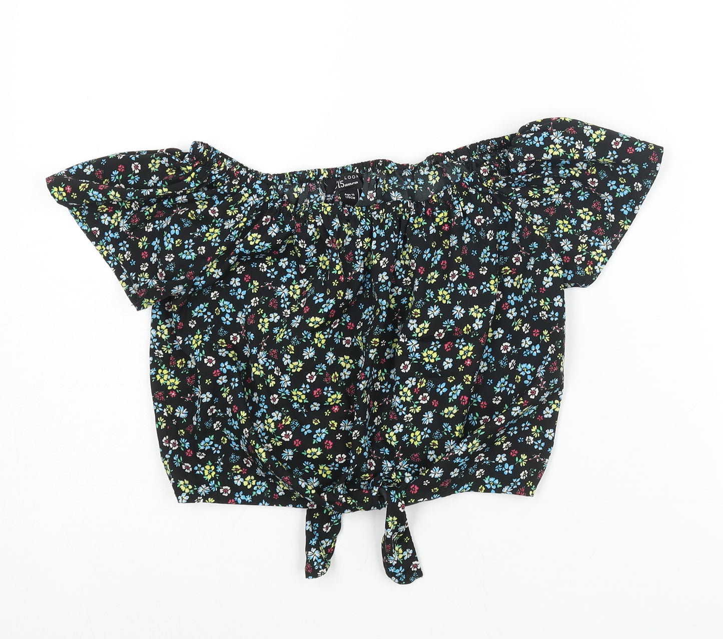 New Look Girls Black Floral Polyester Basic Blouse Size 15 Years Boat Neck Pullover - Tie Detail