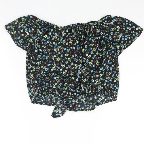 New Look Girls Black Floral Polyester Basic Blouse Size 15 Years Boat Neck Pullover - Tie Detail
