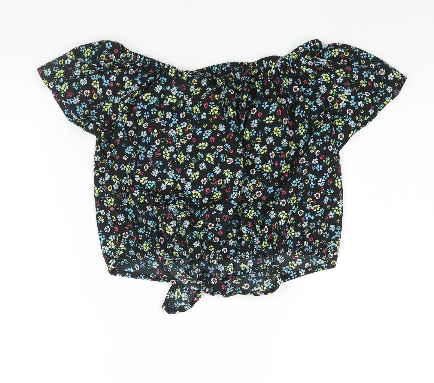New Look Girls Black Floral Polyester Basic Blouse Size 15 Years Boat Neck Pullover - Tie Detail