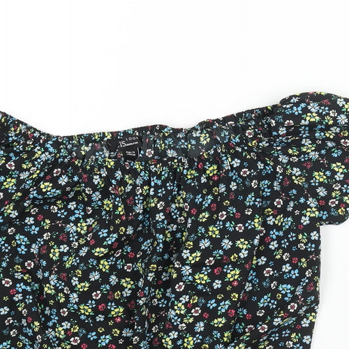 New Look Girls Black Floral Polyester Basic Blouse Size 15 Years Boat Neck Pullover - Tie Detail