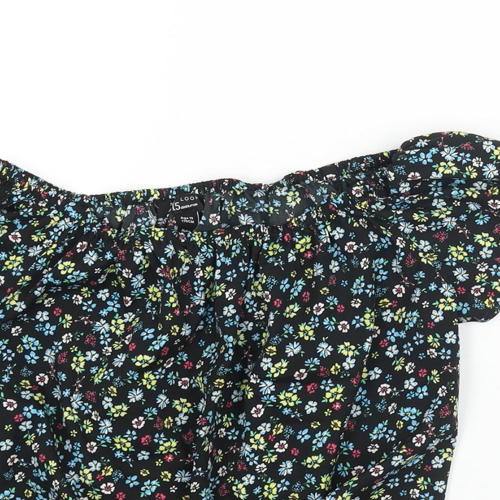 New Look Girls Black Floral Polyester Basic Blouse Size 15 Years Boat Neck Pullover - Tie Detail