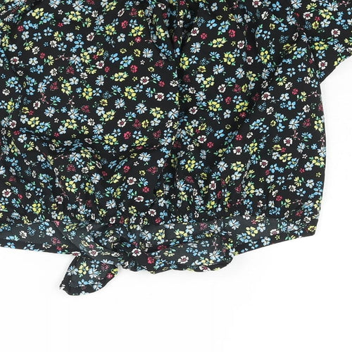 New Look Girls Black Floral Polyester Basic Blouse Size 15 Years Boat Neck Pullover - Tie Detail