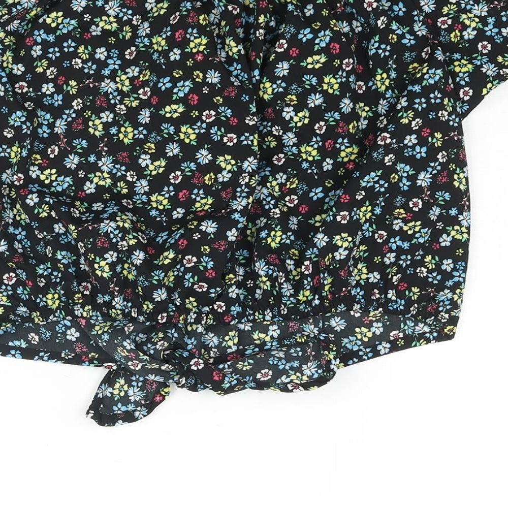 New Look Girls Black Floral Polyester Basic Blouse Size 15 Years Boat Neck Pullover - Tie Detail
