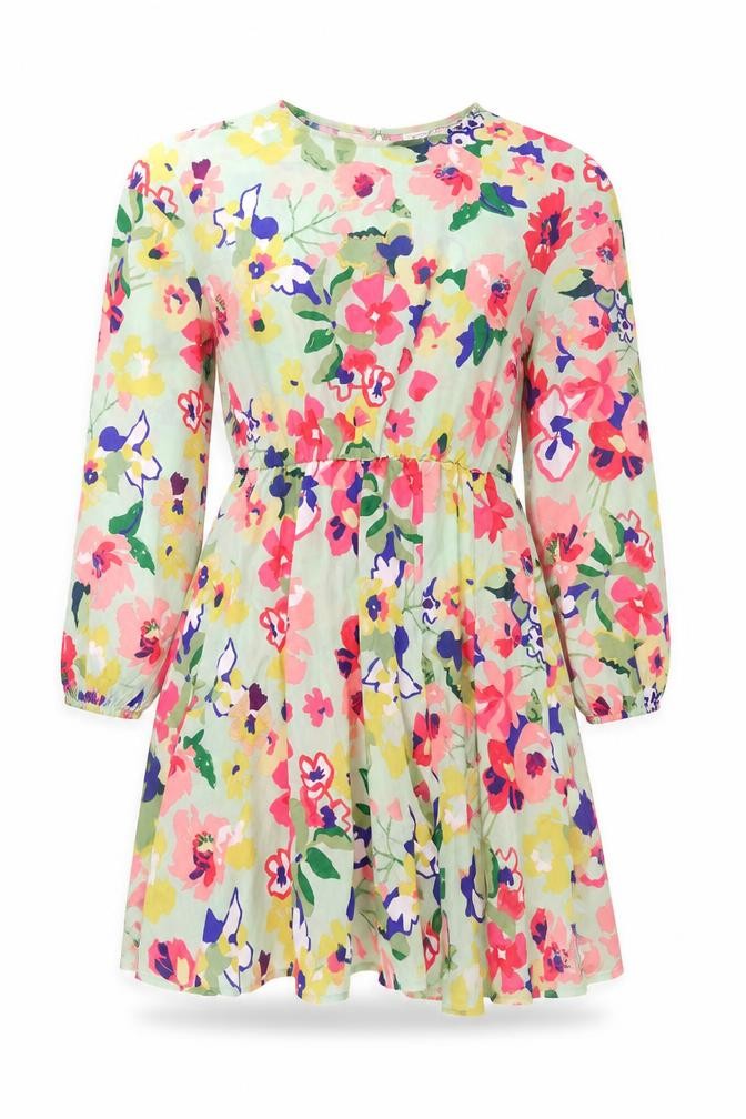 Front view of Neon Rose women’s multicoloured floral polyester a-line, size XS, round neck button