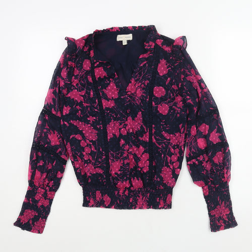 Love Roses Womens Blue Floral Polyester Basic Blouse Size 8 V-Neck - Lace Frill Button Detail