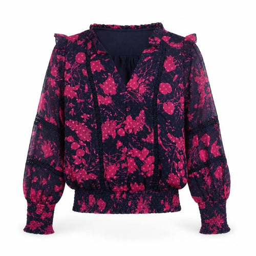Love Roses Womens Blue Floral Polyester Basic Blouse Size 8 V-Neck - Lace Frill Button Detail