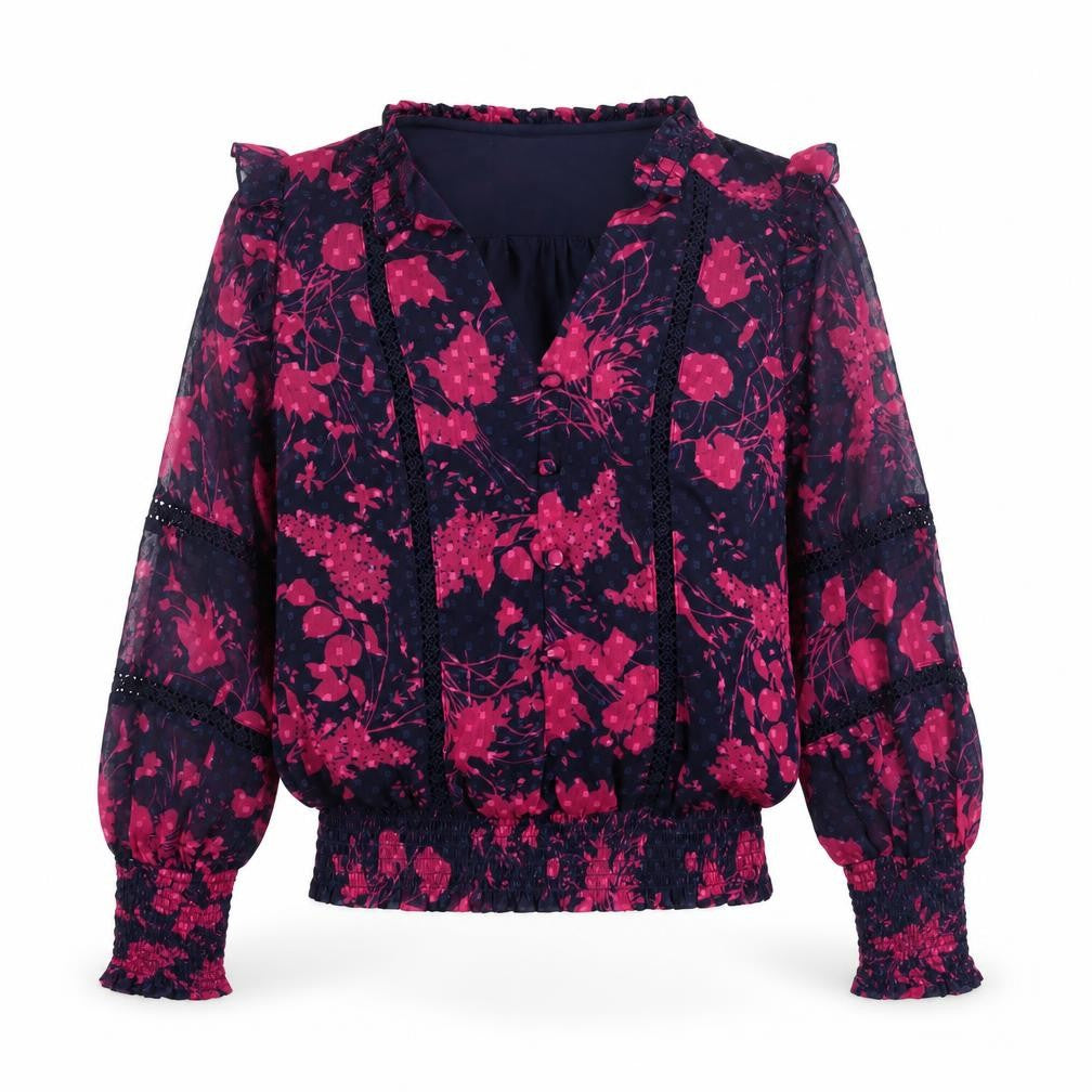 Love Roses Womens Blue Floral Polyester Basic Blouse Size 8 V-Neck - Lace Frill Button Detail