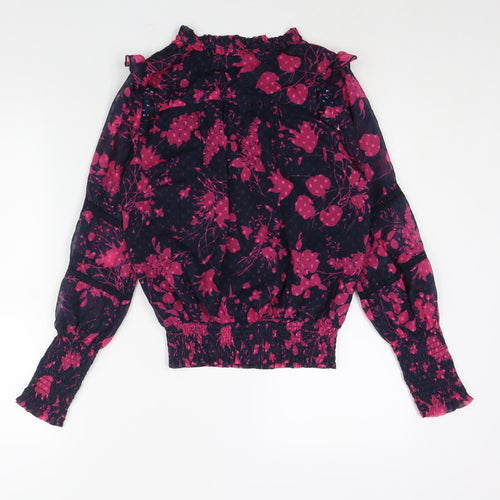 Love Roses Womens Blue Floral Polyester Basic Blouse Size 8 V-Neck - Lace Frill Button Detail