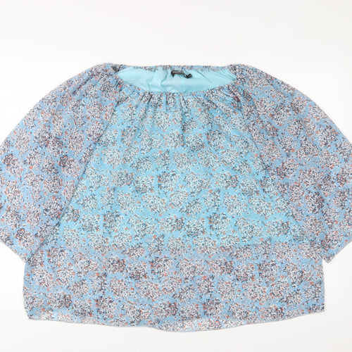 Natural Womens Blue Floral Polyester Basic Blouse Size S Boat Neck - S/M
