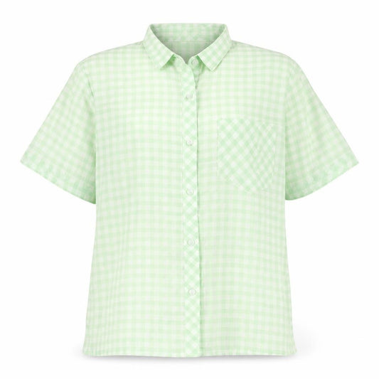 Front view of Justine women’s green plaid cotton basic button-up, size UK 16, collared