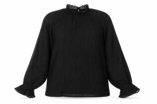 Front view of H&M women’s black polyester basic blouse, size L, round neck - embroidered
