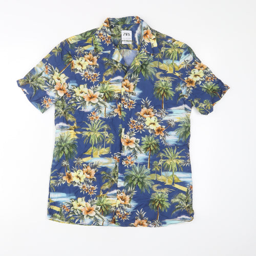 Zara Mens Blue Floral Cotton Button-Up Size S Collared Button