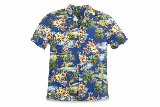 Front view of Zara men’s blue floral cotton button-up, size S, collared button