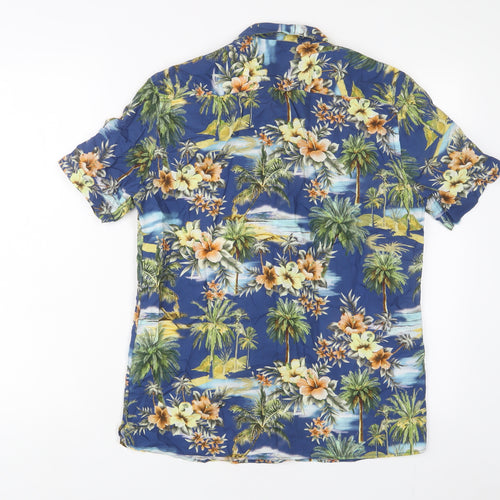 Zara Mens Blue Floral Cotton Button-Up Size S Collared Button