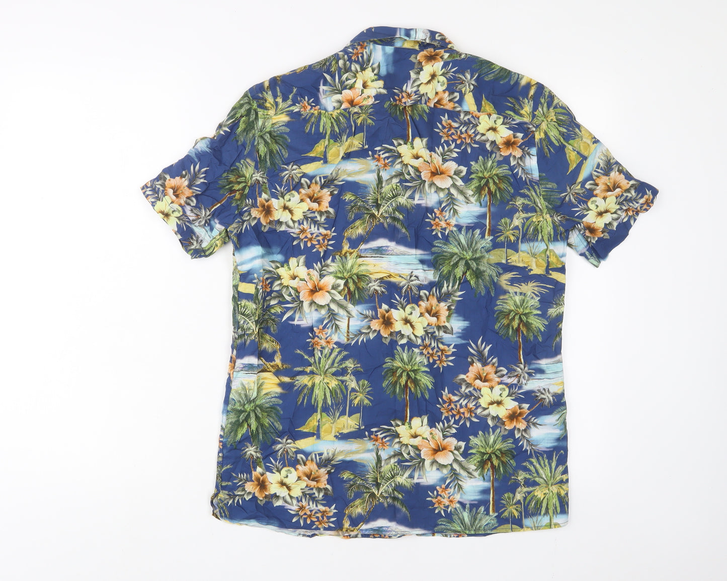 Zara Mens Blue Floral Cotton Button-Up Size S Collared Button