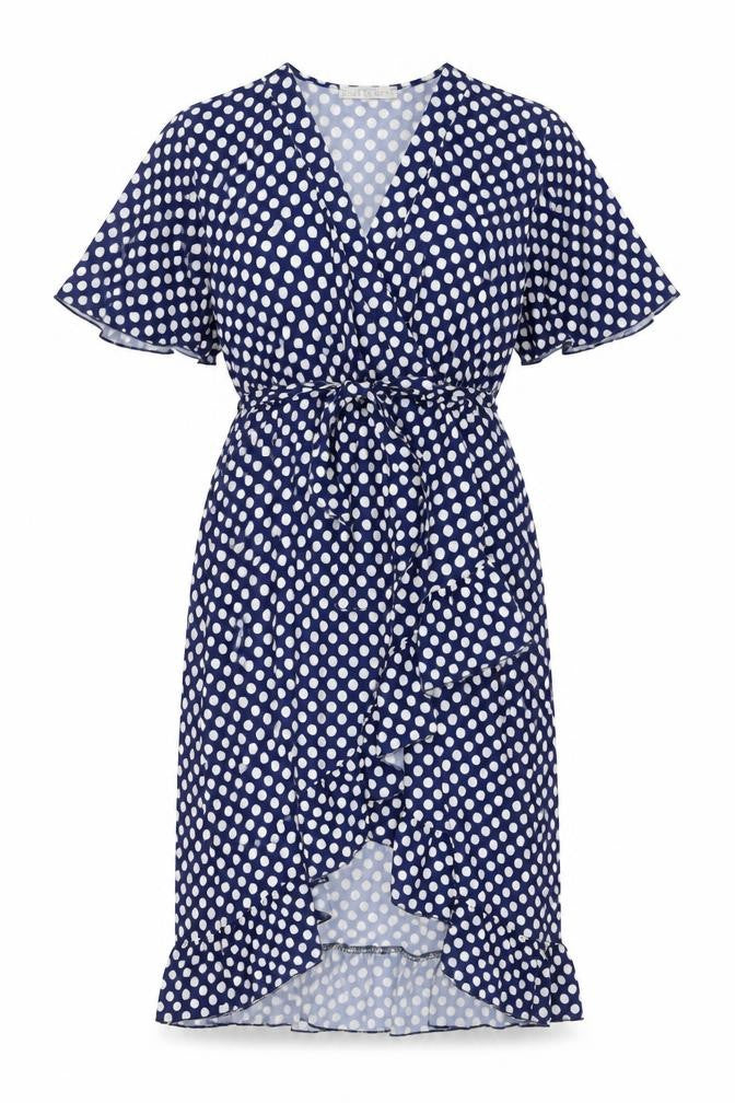 Front view of Pala D'oro women’s beige polka dot polyester a-line, size L, v-neck pullover - belted