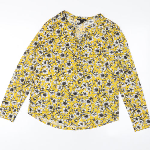 H&M Womens Yellow Floral Polyester Basic T-Shirt Size XS V-Neck - Buttons