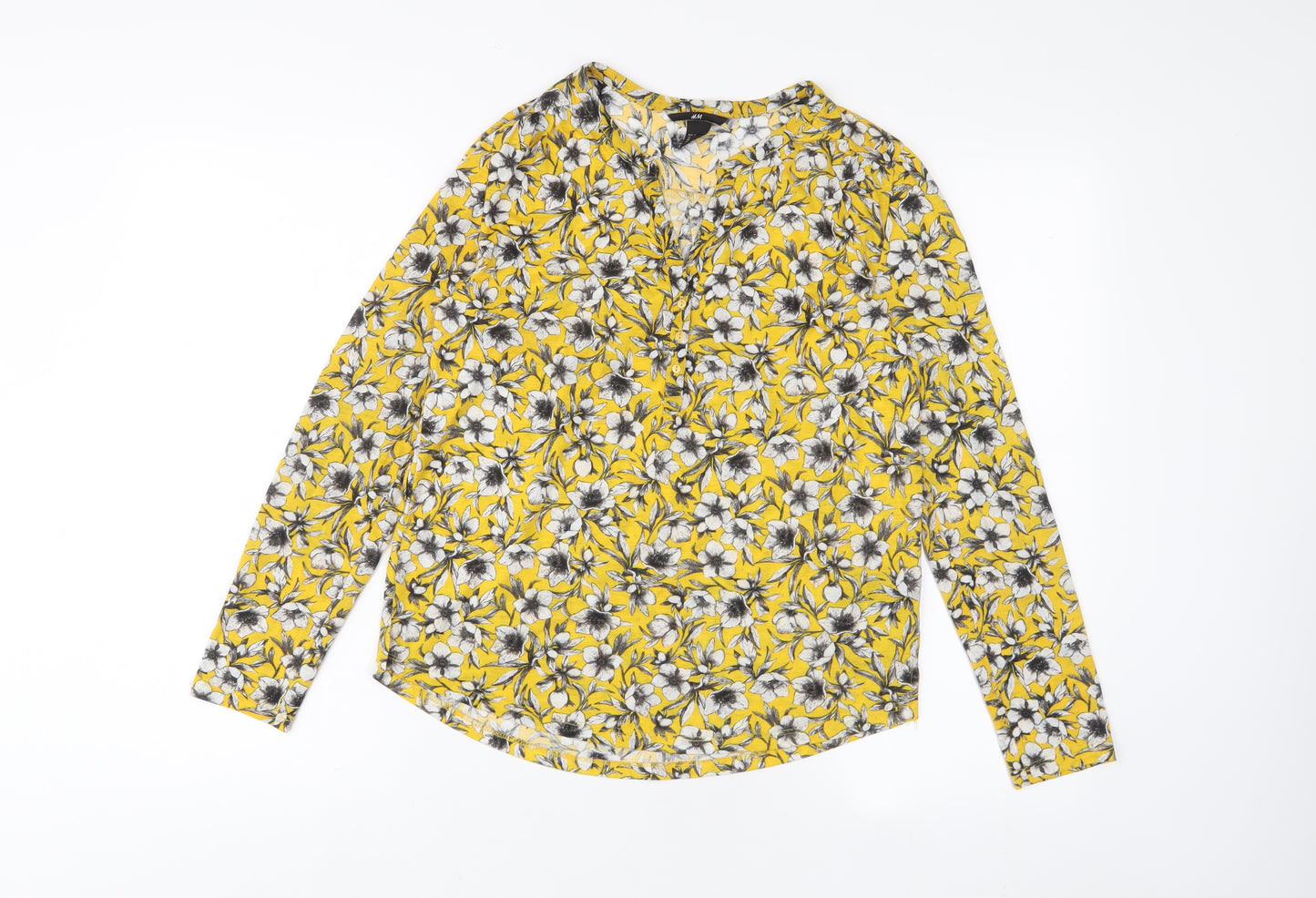 H&M Womens Yellow Floral Polyester Basic T-Shirt Size XS V-Neck - Buttons