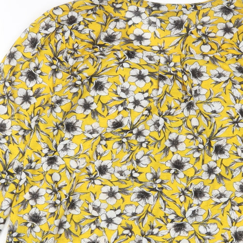 H&M Womens Yellow Floral Polyester Basic T-Shirt Size XS V-Neck - Buttons
