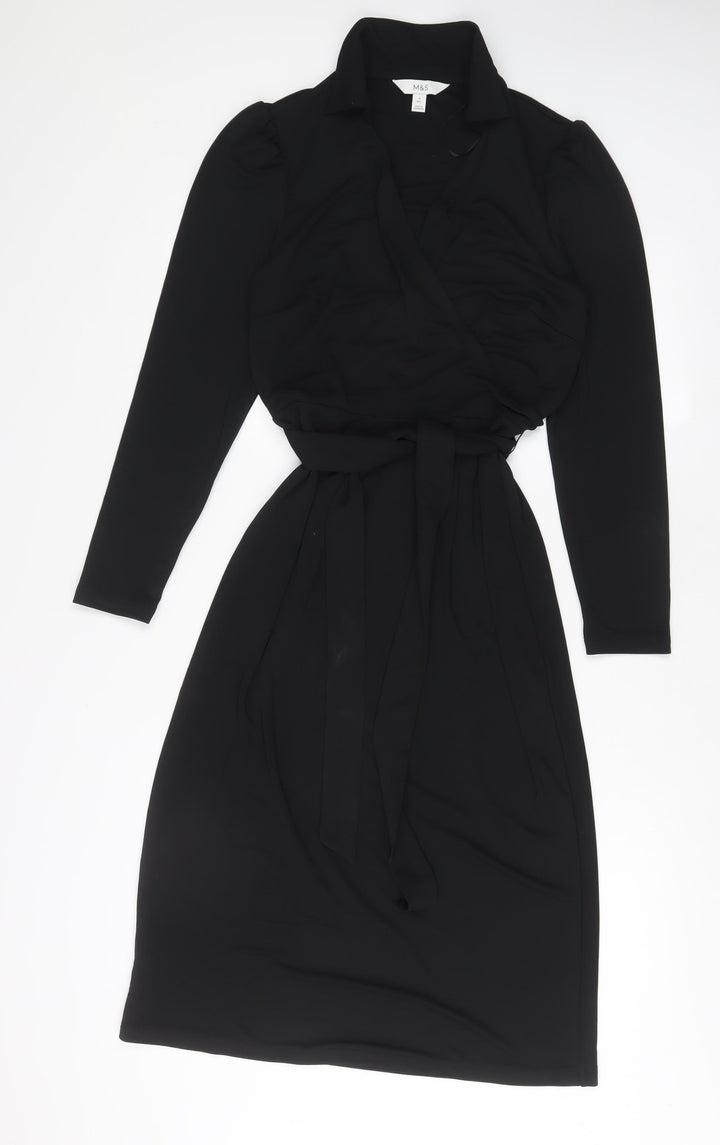 Marks and Spencer Womens Black Polyester A-Line Size 8 Collared Pullover - Belted