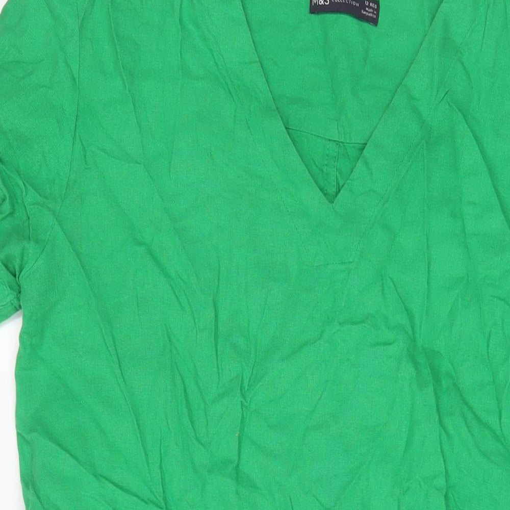 Marks and Spencer Womens Green Linen A-Line Size 12 V-Neck Pullover
