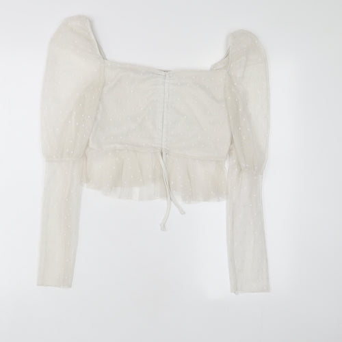 Boohoo Womens White Polka Dot Polyester Cropped Blouse Size 12 Square Neck - Embroidered