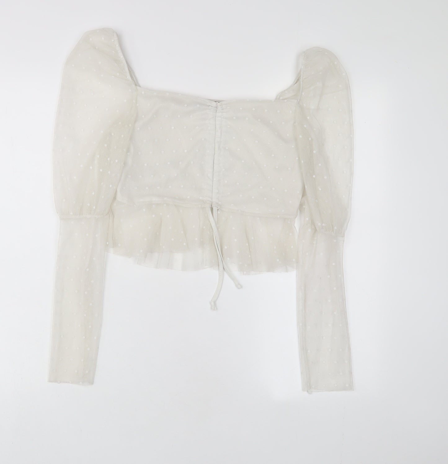 Boohoo Womens White Polka Dot Polyester Cropped Blouse Size 12 Square Neck - Embroidered