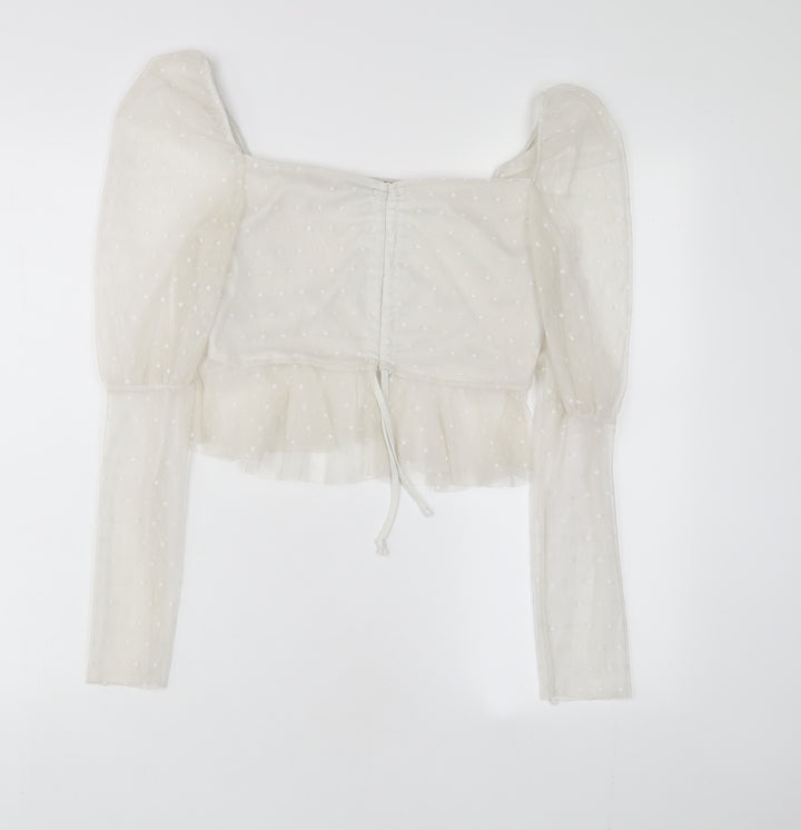 Boohoo Womens White Polka Dot Polyester Cropped Blouse Size 12 Square Neck - Embroidered