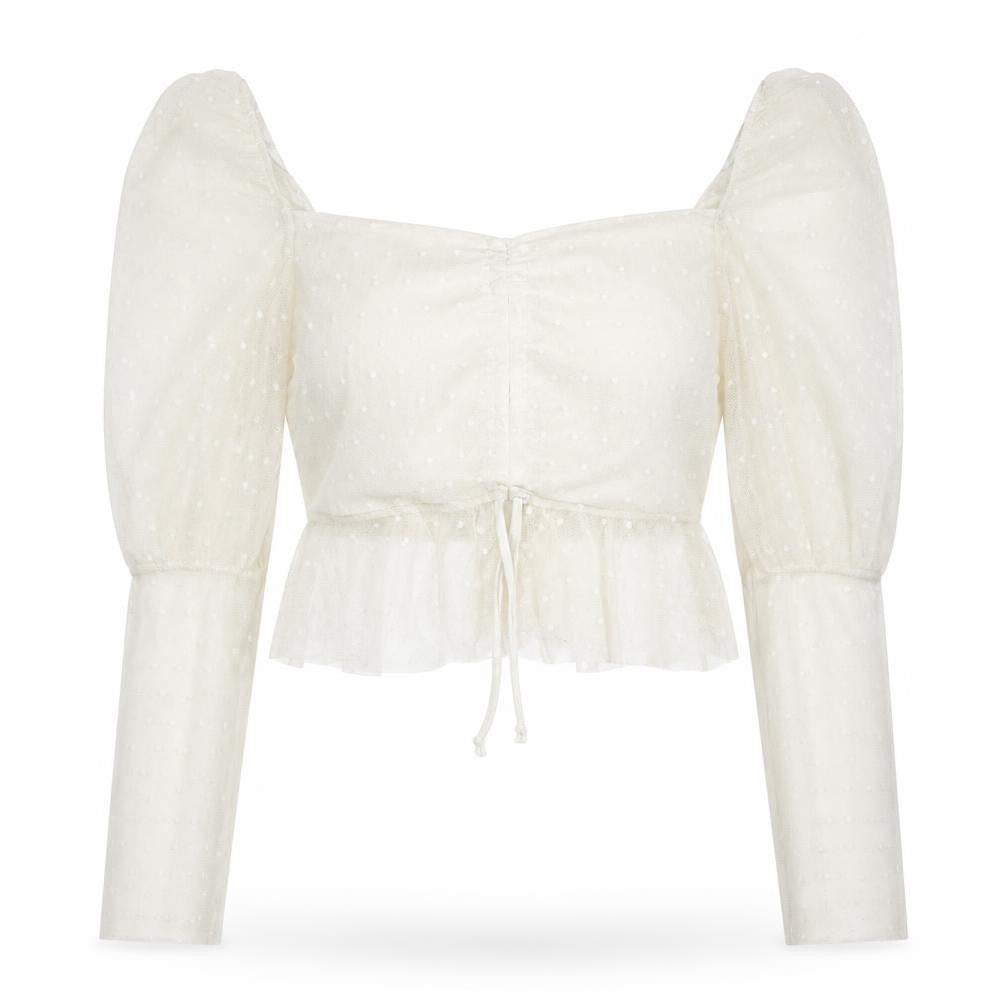 Front view of Boohoo women’s white polka dot polyester cropped blouse, size UK 12, square neck - embroidered
