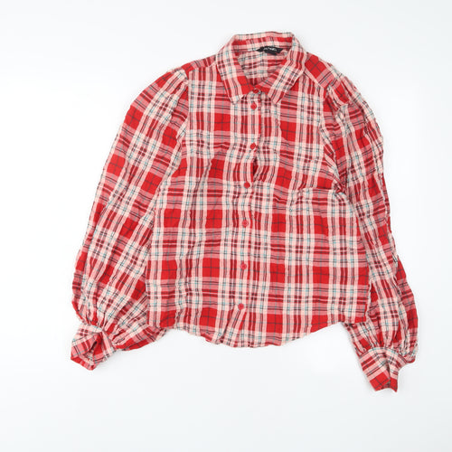 Monki Womens Red Plaid Cotton Basic Button-Up Size S Collared