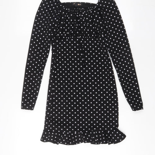 Pink vanilla Womens Black Polka Dot Polyester A-Line Size 6 Square Neck Pullover - Pleated