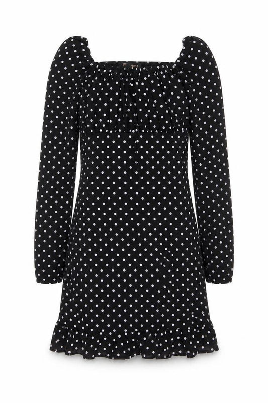 Front view of Pink vanilla women’s black polka dot polyester a-line, size UK 6, square neck pullover - pleated
