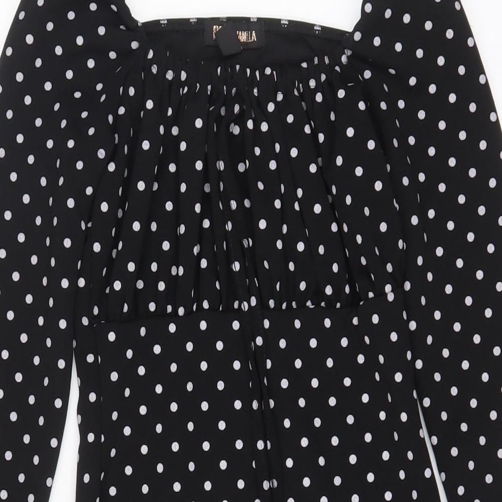 Pink vanilla Womens Black Polka Dot Polyester A-Line Size 6 Square Neck Pullover - Pleated