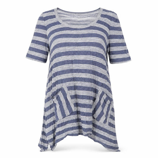Front view of Capri women’s blue striped cotton a-line, size S, scoop neck pullover - pockets