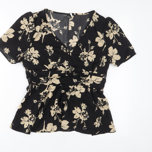 Greathe Womens Black Floral Polyester Basic Blouse Size M V-Neck - Pleated