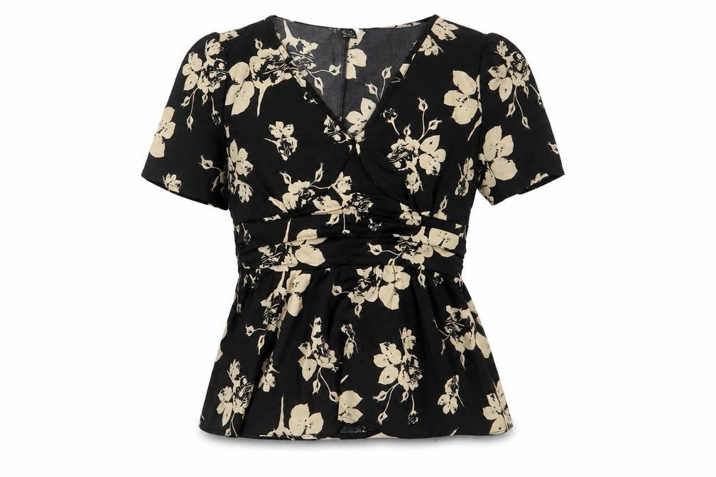 Greathe Womens Black Floral Polyester Basic Blouse Size M V-Neck - Pleated