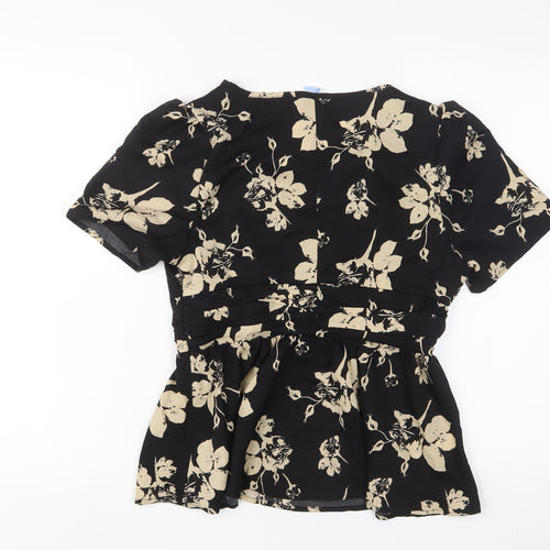 Greathe Womens Black Floral Polyester Basic Blouse Size M V-Neck - Pleated