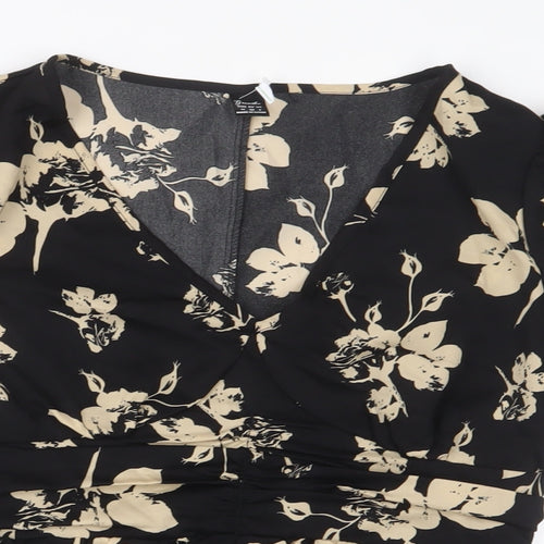 Greathe Womens Black Floral Polyester Basic Blouse Size M V-Neck - Pleated