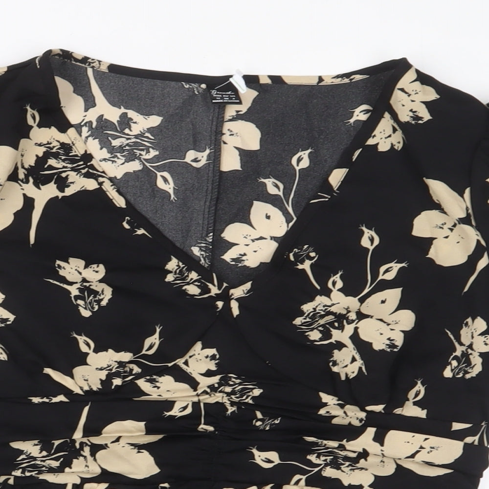 Greathe Womens Black Floral Polyester Basic Blouse Size M V-Neck - Pleated