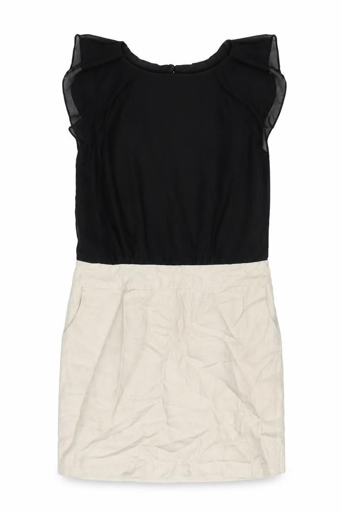 Front view of Next women’s beige polyester sheath, size UK 12, scoop neck button
