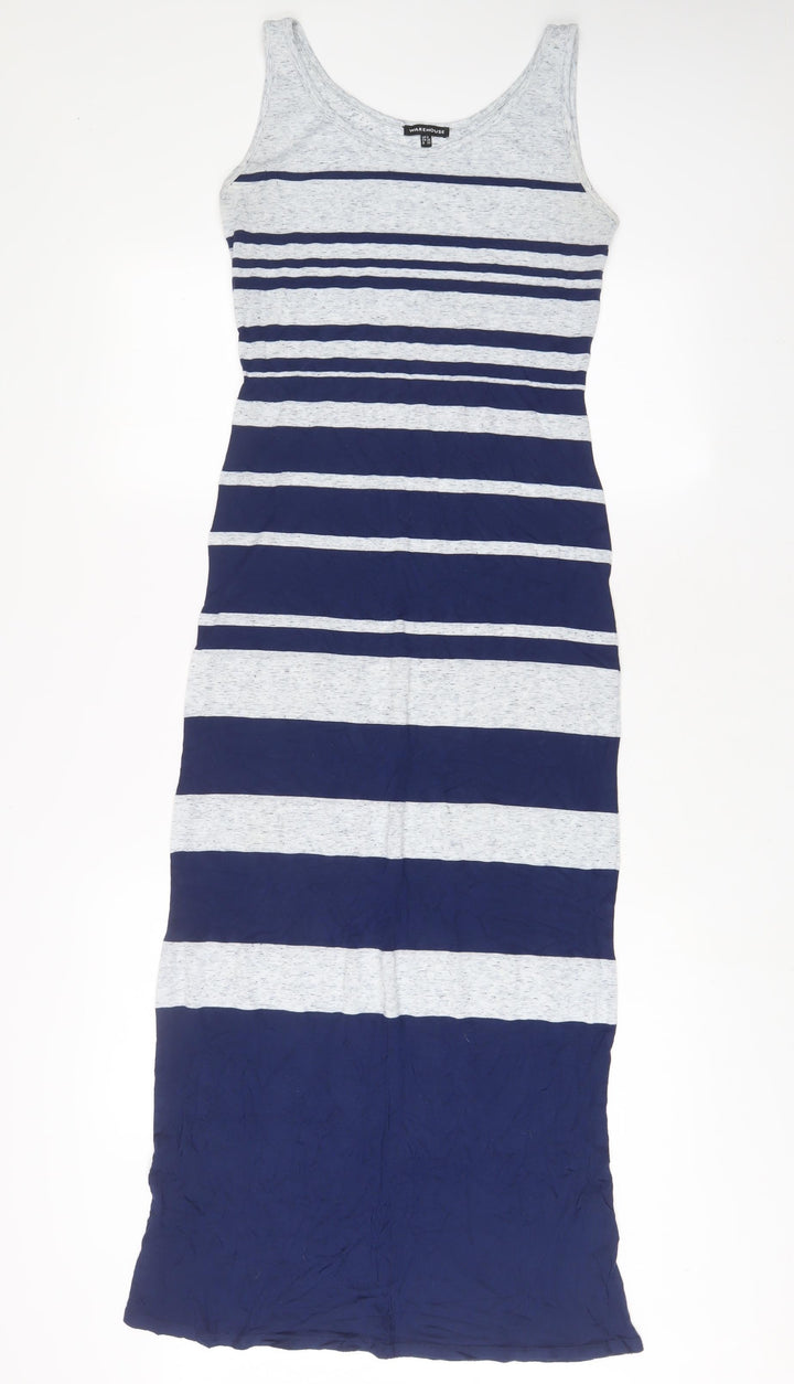 Warehouse Womens Blue Striped Linen A-Line Size 8 Scoop Neck Pullover