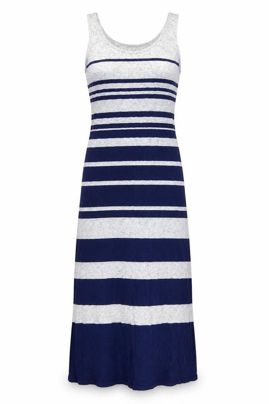 Front view of Warehouse women’s blue striped linen a-line, size UK 8, scoop neck pullover