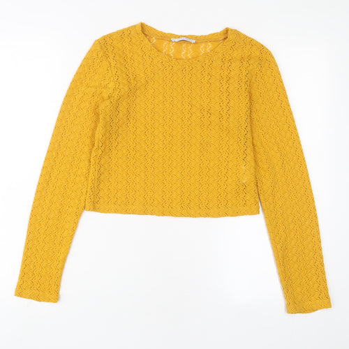 Zara Womens Yellow Polyester Cropped T-Shirt Size S Crew Neck