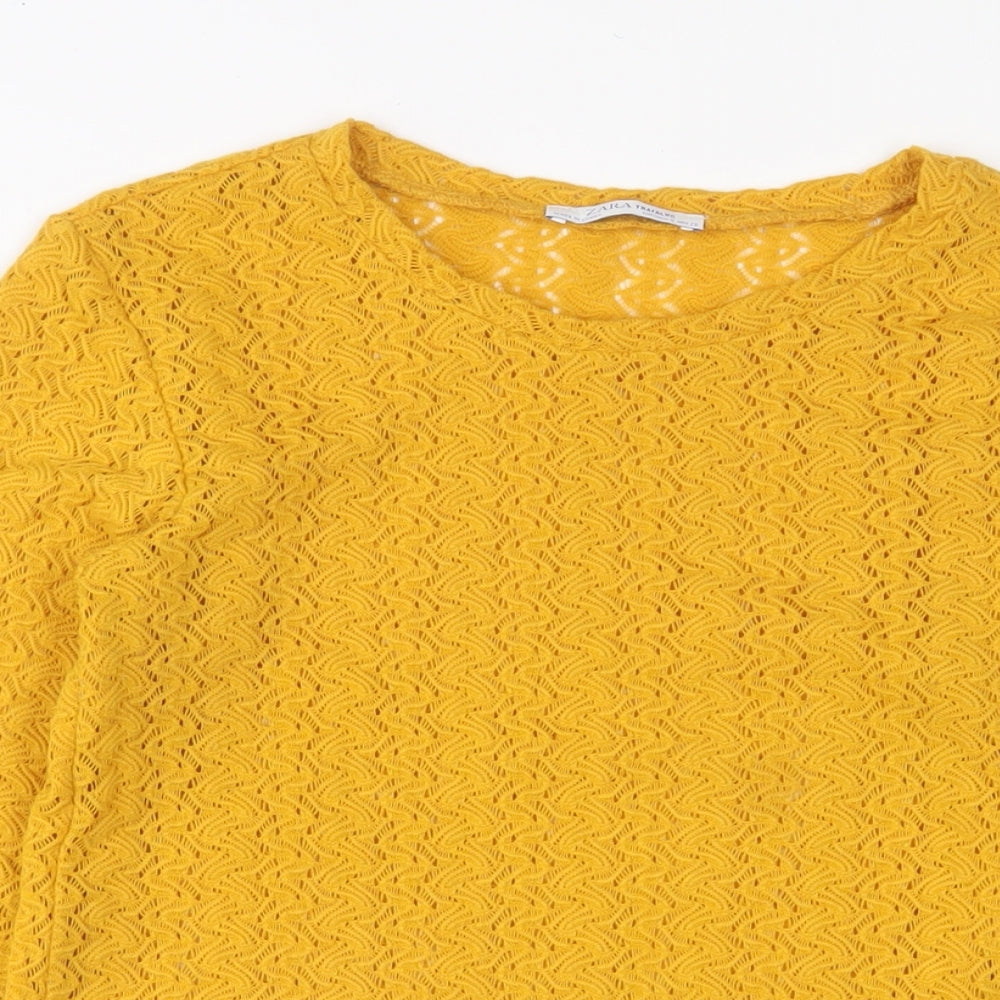 Zara Womens Yellow Polyester Cropped T-Shirt Size S Crew Neck