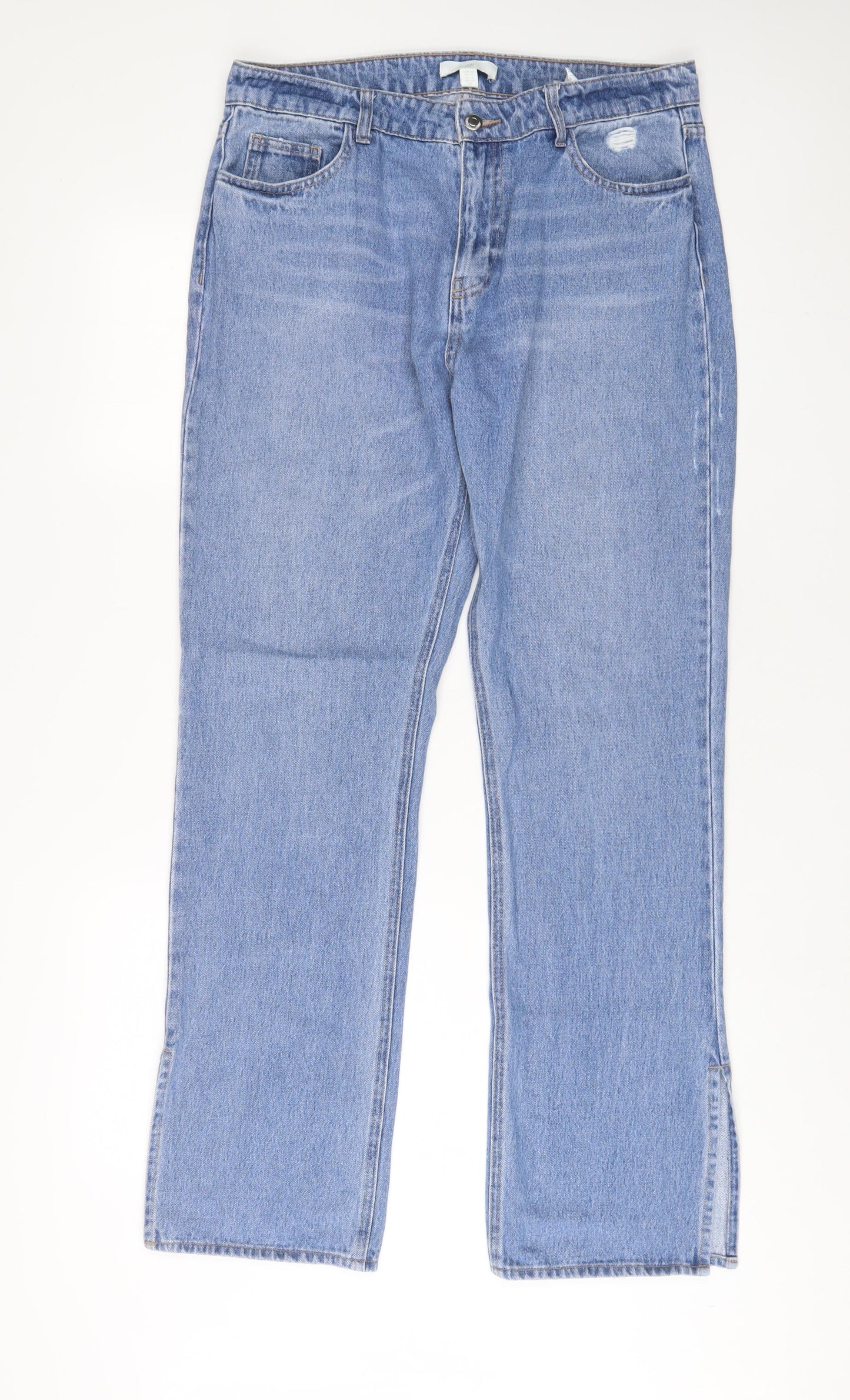 H&M Womens Blue Cotton Straight Jeans Size 14 L32 in Regular Zip - Split hem
