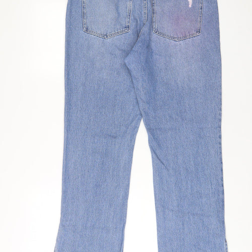 H&M Womens Blue Cotton Straight Jeans Size 14 L32 in Regular Zip - Split hem