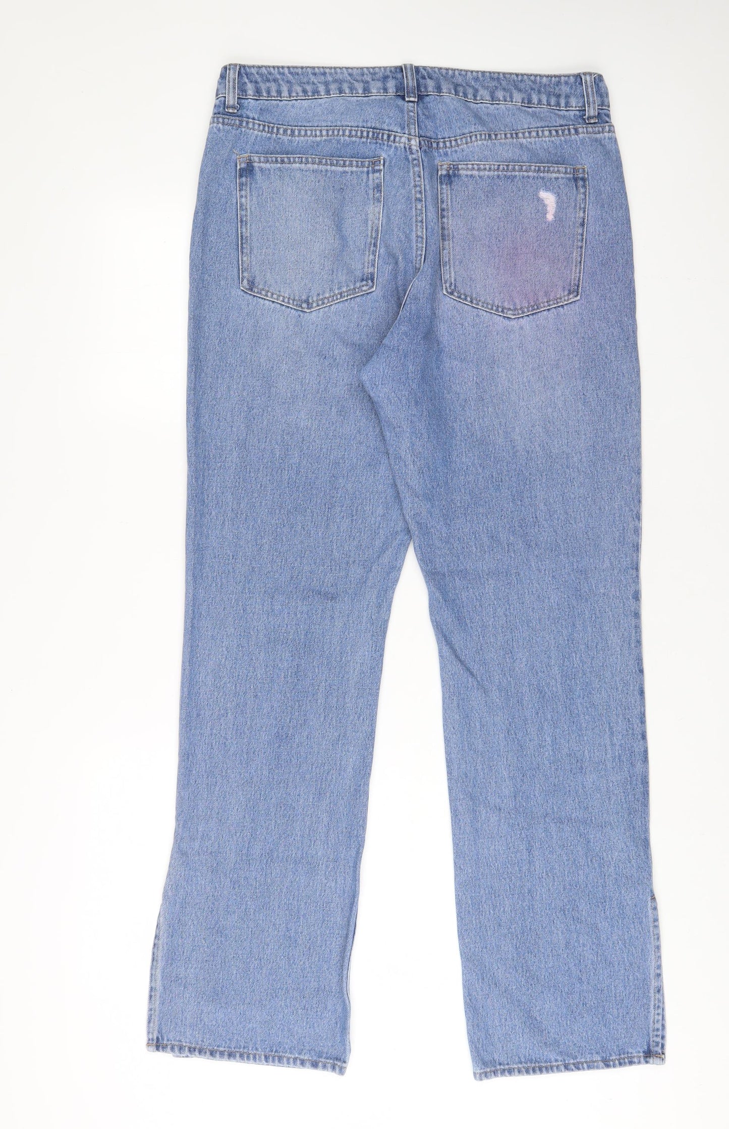H&M Womens Blue Cotton Straight Jeans Size 14 L32 in Regular Zip - Split hem